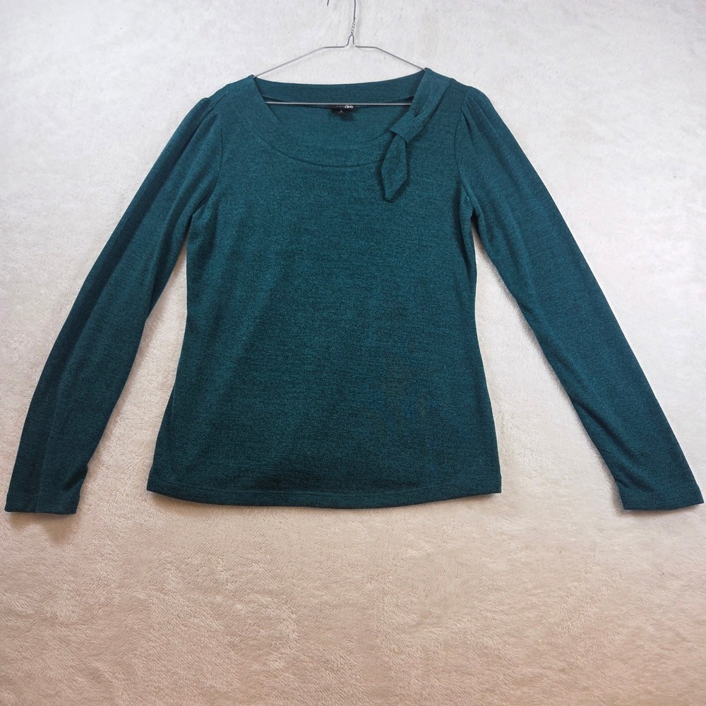 East 5th Womens Teal Green Marled Knit Long Sleeve Scoop Neck Bow Top Small